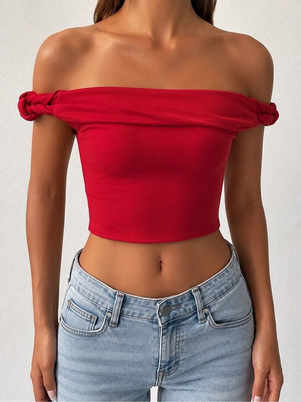 Peppermayo Red Off Shoulder Crop Top Knotted Strap Going Out Y2K